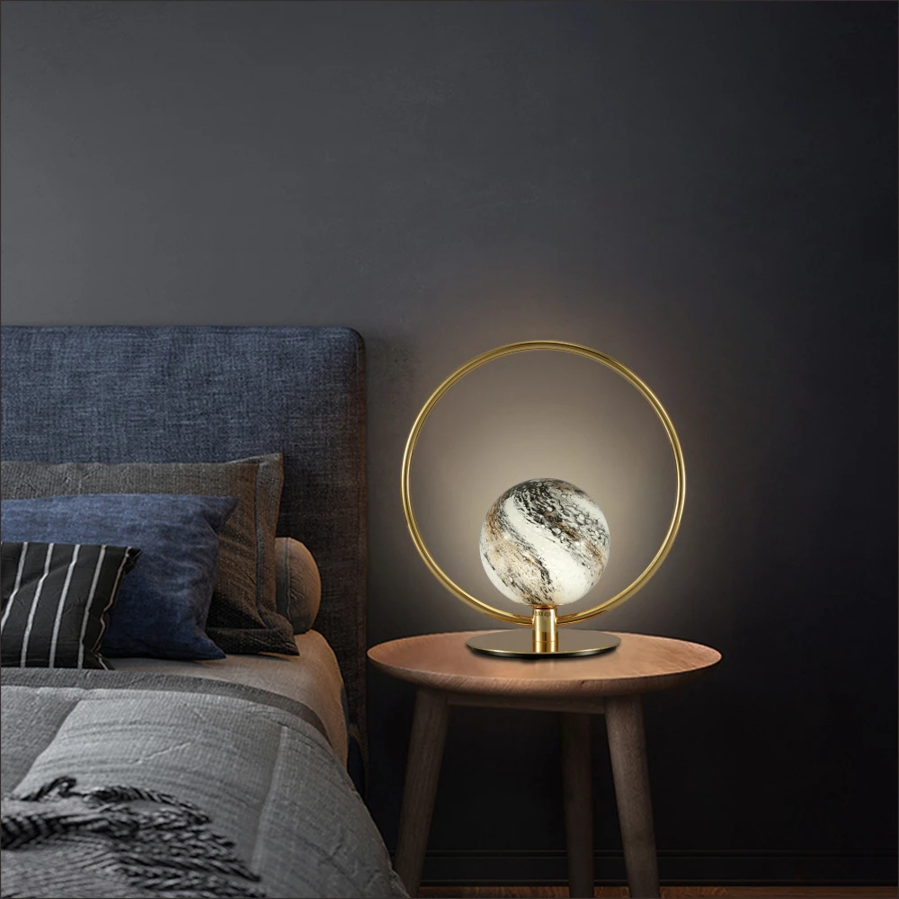 Modern home living room hotel guestroom bedroom fancy decor desk table light portable planet glass gold ring led G9 table lamp