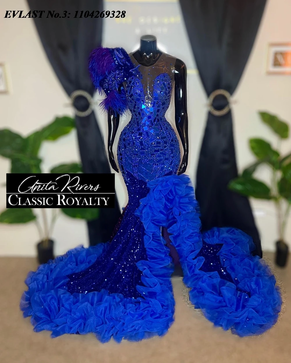 EVLAST 사용자 정의 반짝이 2025 로얄 블루 댄스 파티 드레스 프릴 크리스탈 페르시 흑인 여자 여자 특별 행사 파티 가운 E3P348