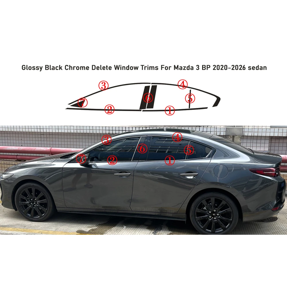 Chrome Delete Blackout Overlay für Mazda 3 BP 2020-2026 Limousine Fensterverkleidung Glänzend Schwarzer Aufkleber – Detail 3