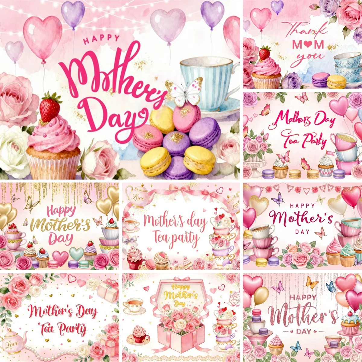 

Фон для фотосессии ко Дню матери 2026: розовые цветы, сердца, чашки, десерты, торты, чайная вечеринка, женский портрет, фотофон