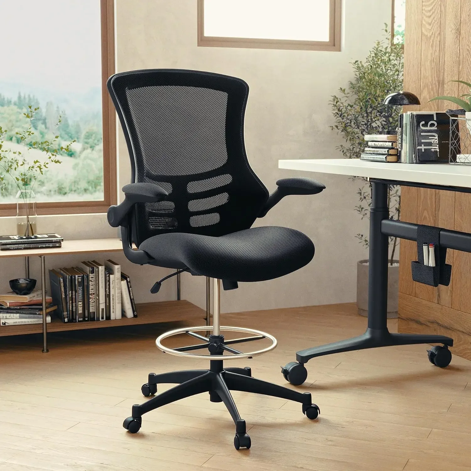 

Furniture Mid-Back Black Mesh Ergonomic Drafting Chair | Adjustable Foot Ring, Flip-Up Arms | Comfort and Productivity