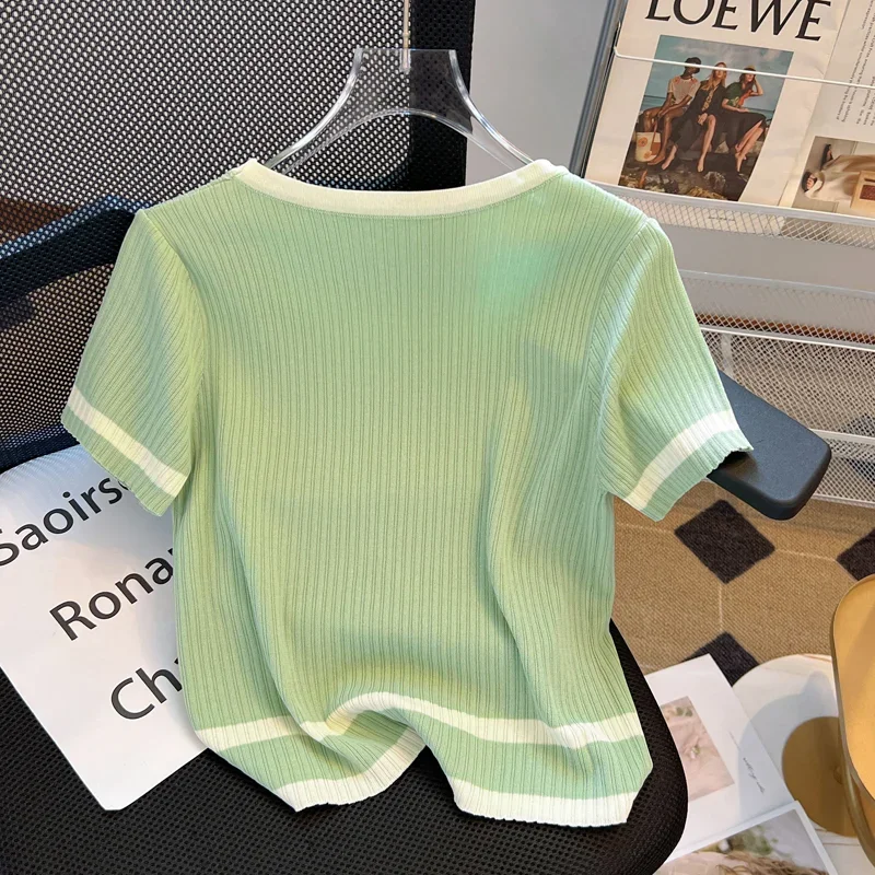 French Small Fragrance Short-sleeved T-shirt Sweater for Women in Summer New Small Thin Ice Silk Chic Top XT1066