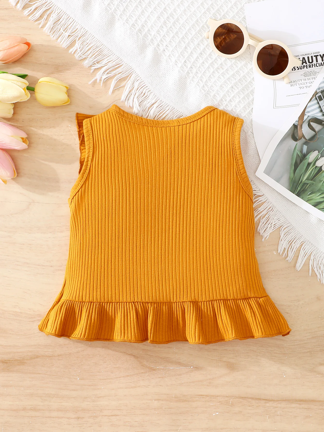 Fashionable Baby Girl Summer Round Neck Single Piece Cute Wooden Ear Edge Clothing