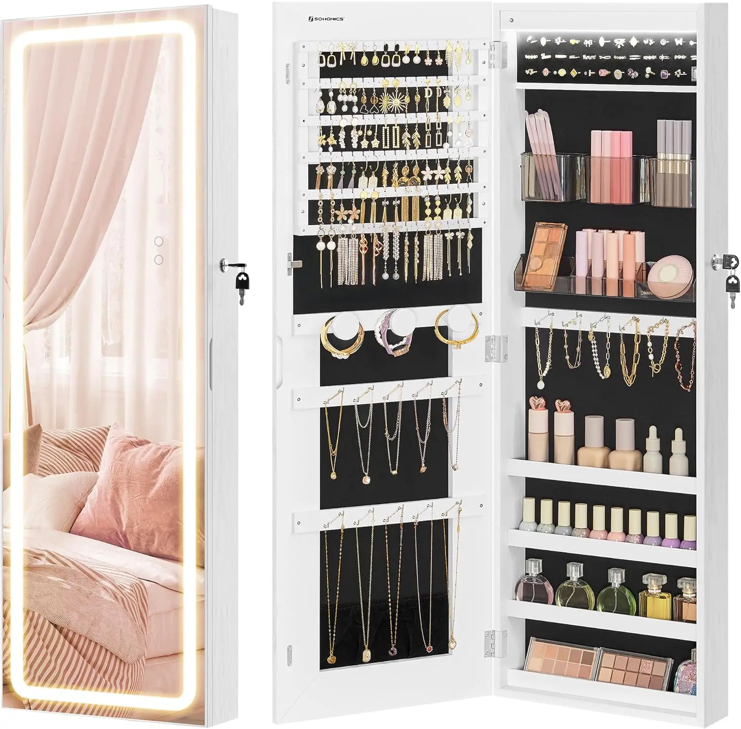 

LED Mirror Jewelry Cabinet Armoire, Wall or Door Mounted Jewelry Storage Organizer, Hanging Lockable Frameless Mirror C