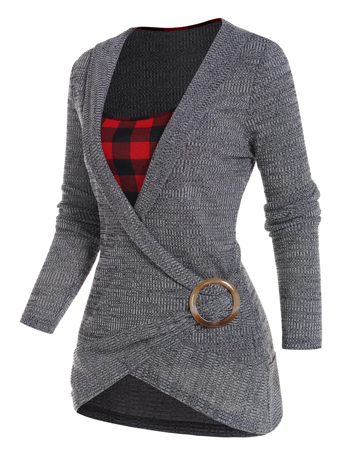 2024 nuove donne Plaid Knit Faux Twinset Top O-ring Crossover manica lunga lavorato a maglia Twofer Top 2 In 1 maniche lunghe Top