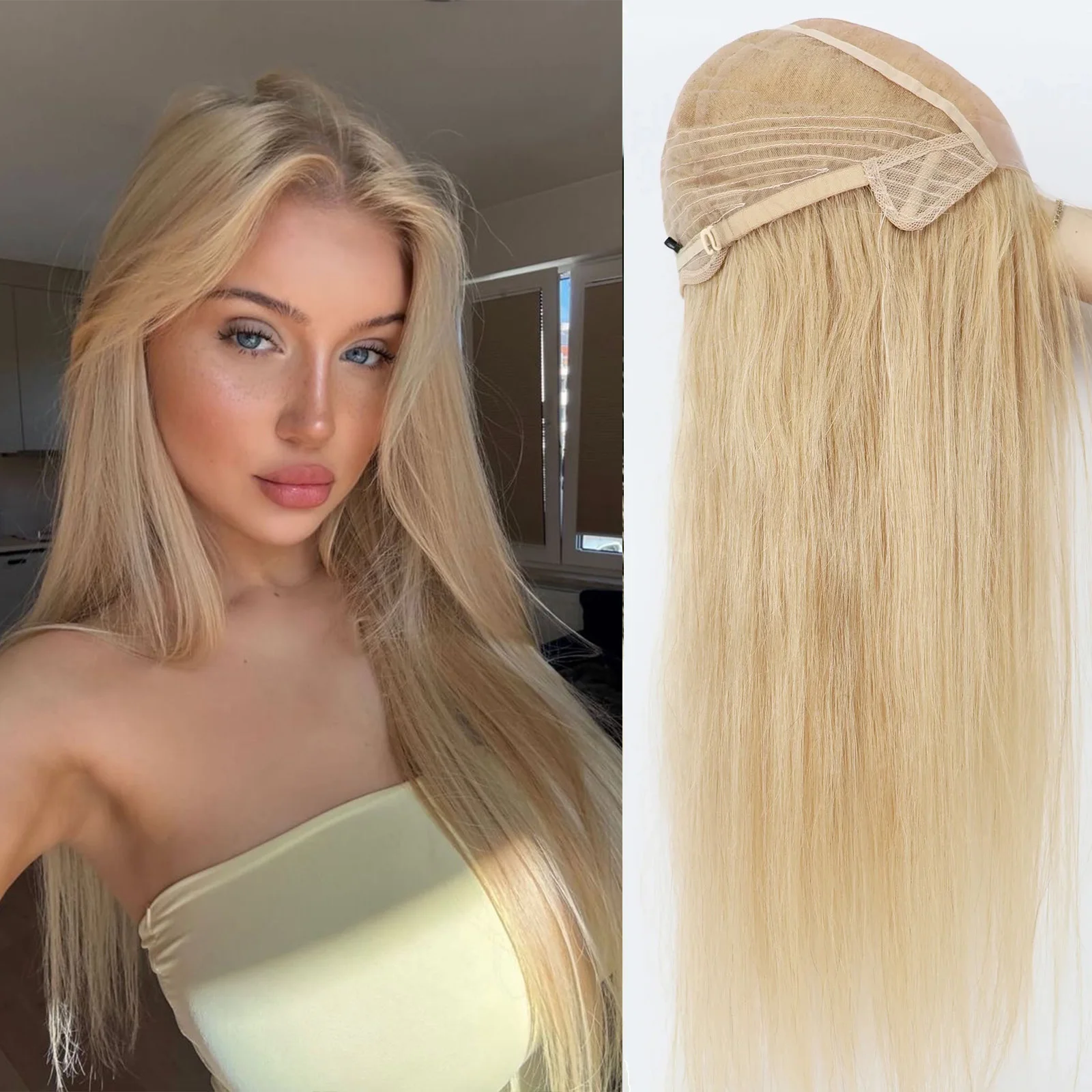 

Женский полный моно кружевной парик медовый блондин # 18, мягкий шелковый верх, дышащий парик, настоящие европейские девственные волосы, прямая шелковая основа, корона