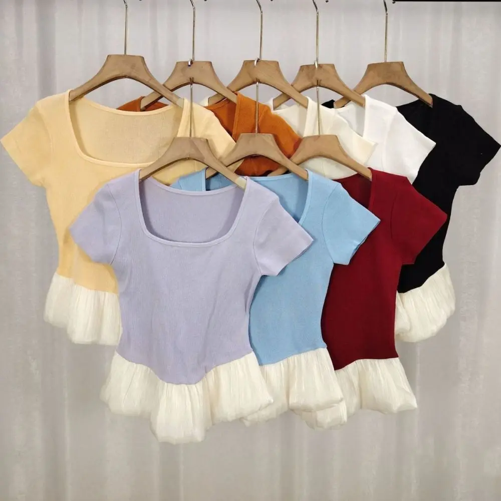Ins Style Short Sleeve Summer Knitted T-Shirt Slim Fit Patchwork Sweet Crop Tops U-neck Korean Style Mesh Ruffle T-Shirt Girls