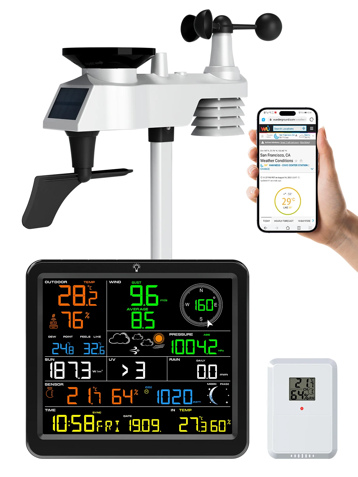 WiFi-weerstation op zonne-energie 14-in-1 draadloze weermonitor met realtime CO2-detectie 328FT bereik voor thuis- en boerderijgebruik - afbeelding 2