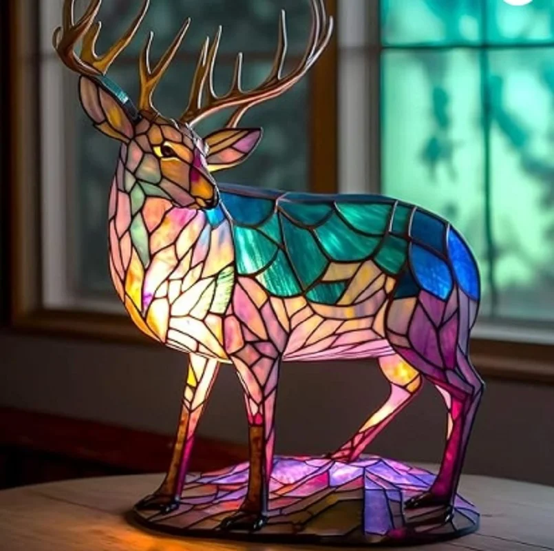 Resin Stained Glass Animal Table Light Night Light Panda Pig Giraffe Rabbit Elk Table Lamp for Living Room Home Bedroom Decorati