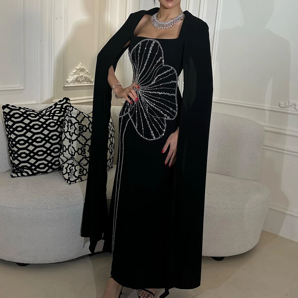 

Exquisite Sequined Pleats Crystal Watteau Train Evening Dresses Luxury Straight Square Neck Zipper Back Party Gowns فساتين سهرة