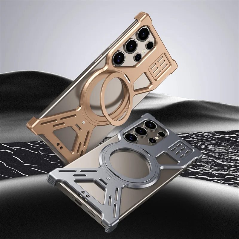 For Samsung Galaxy S23 S24 S25 S26 Ultra Aluminum Alloy Magnetic 360° Bracket Phone Case Metal Heat Dissipation Shockproof Cover