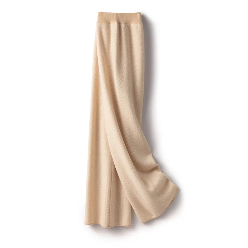 Women's herringbone wide leg pants 100% Merino wool thick pants autumn and winter warmth, knitted elastic waistband floor pants