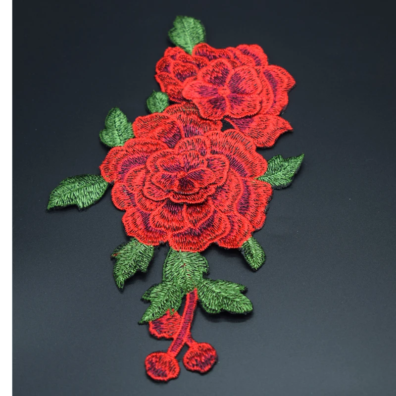 1 Pair Red Embroidery Rose Flower Sew On Patch Dress Hat Bag Jeans Applique Crafts Clothing Accessories 23*12CM