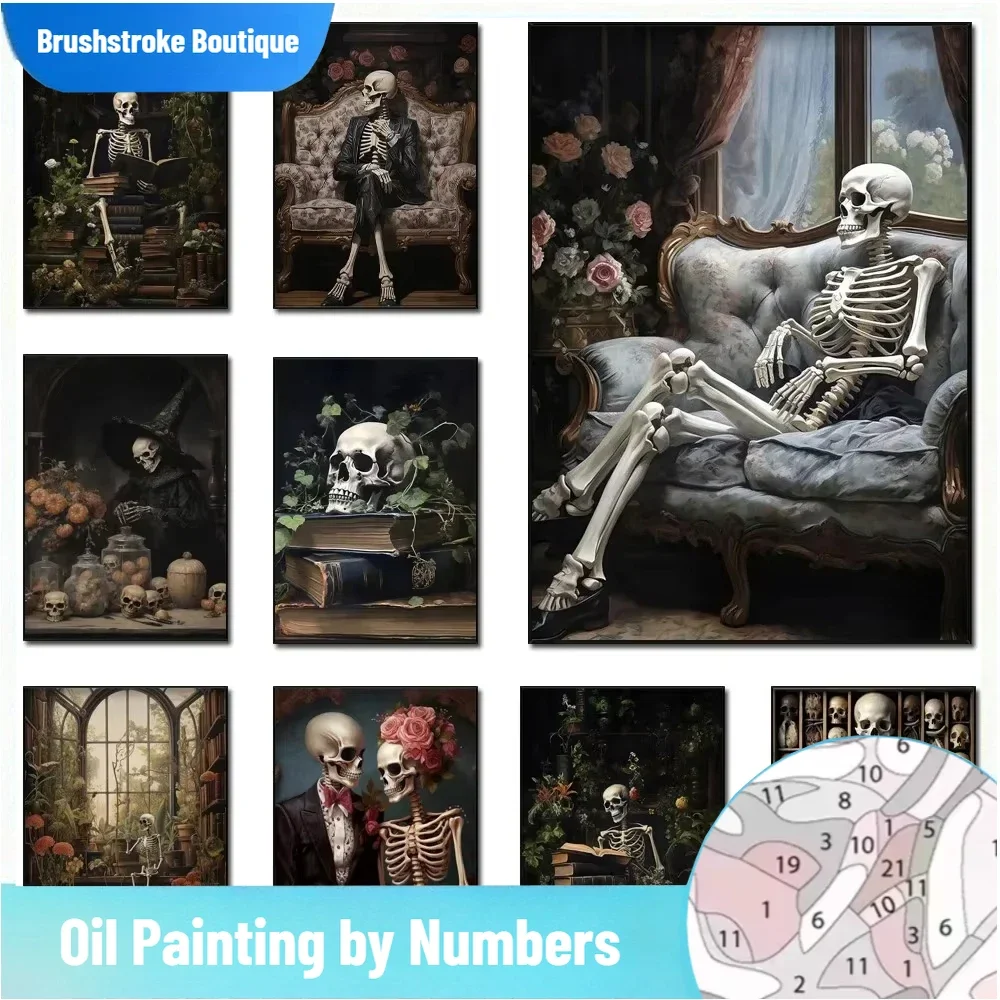 

Brushstroke Digital Oil Painting By Numbers FVintage Gothic Wall Decor Skeleton Spooky Paint with Numbers Home Decor, Wall Art P