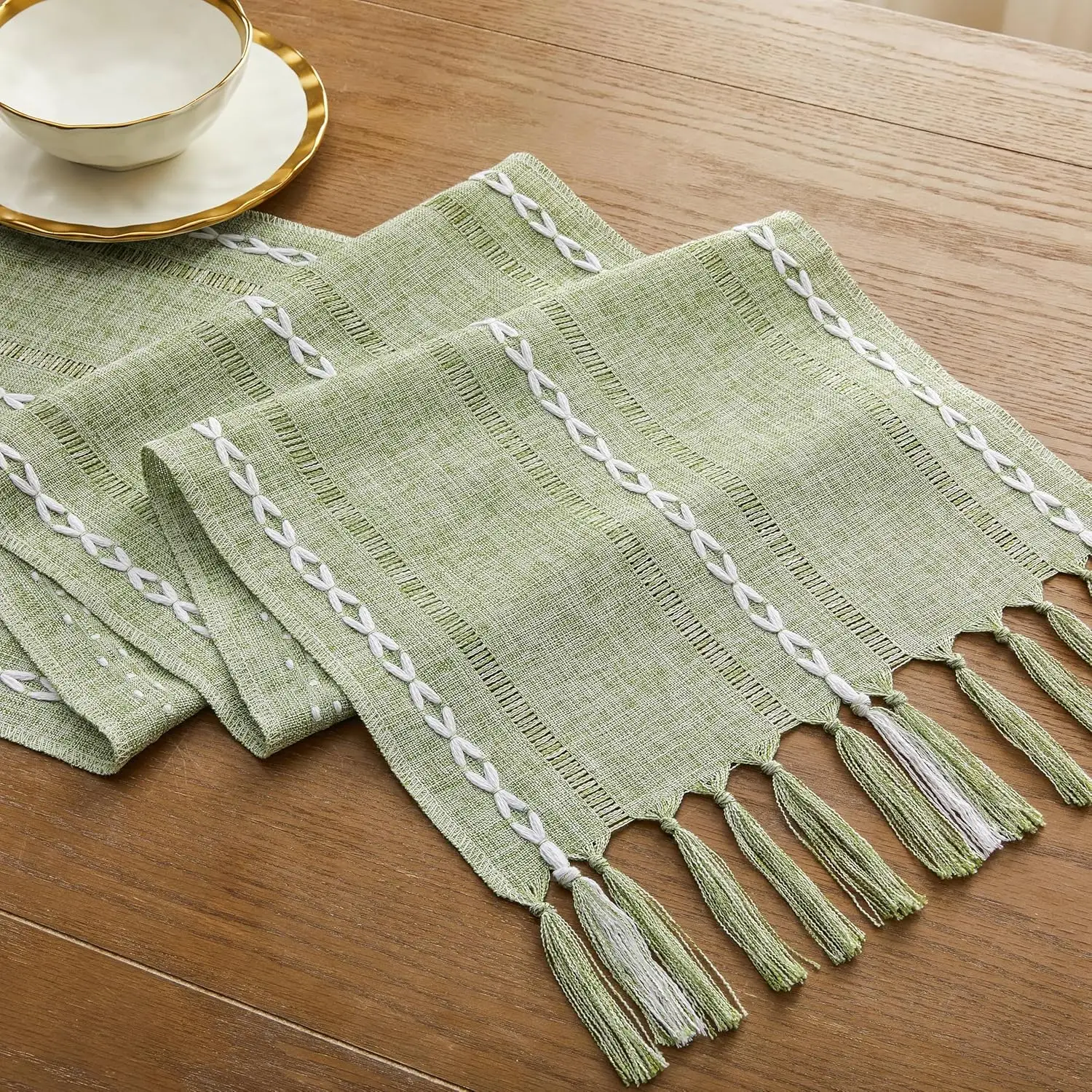 

Bohemian Farmhouse Table Runner Tassel Braided Striped Fringe Coffee Dining Room Bedroom Wedding Rustic Bride Shower Decor