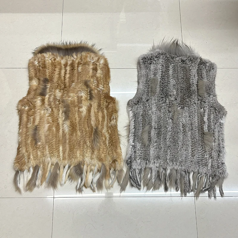 Chicsense จัดส่งฟรีผู้หญิงคุณภาพสูงปุยขนกระต่ายจริงถักเสื้อกั๊ก Raccoon ขนสัตว์ Gilet เสื้อกั๊กเสื้อ