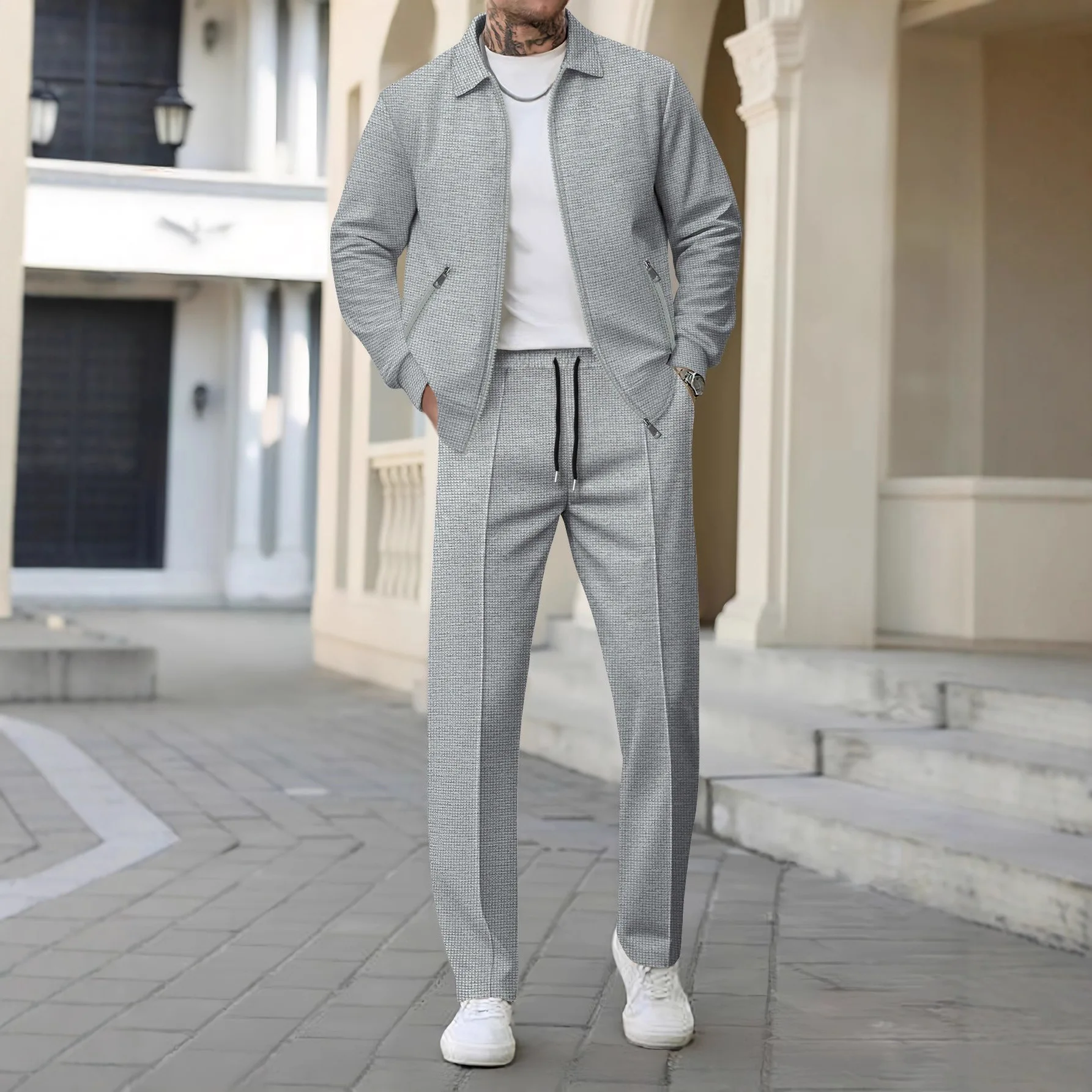 

2025 Men's Autumn Youth Zipper Pocket Lapel Slim Cardigan Jacket Two-piece Suit