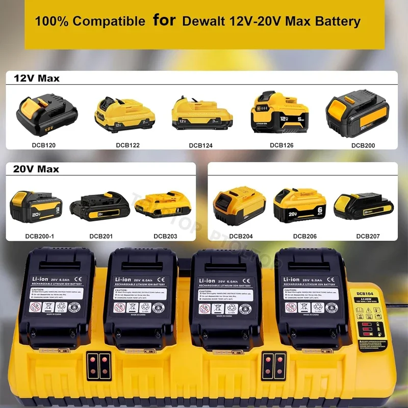 With USB port 4-Ports 3A Current Rapid Charger Replacement for Dewalt 12-20V Max Lithium Battery DCB104 DCB120 DCB127 DCB200