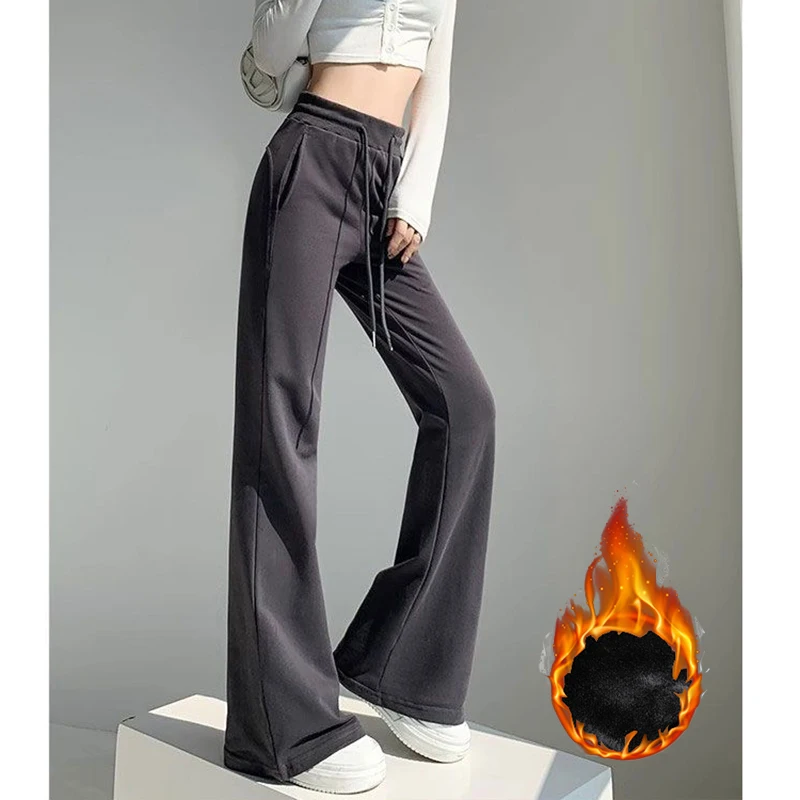 Zimowe damskie eleganckie spodnie z prostą nogawką, ocieplane polarem, modne dziewczęce spodnie śnieżne, ciepłe, z wysokim stanem, pluszowe spodnie, damskie dopasowane, wyszczuplające, cienkie spodnie.