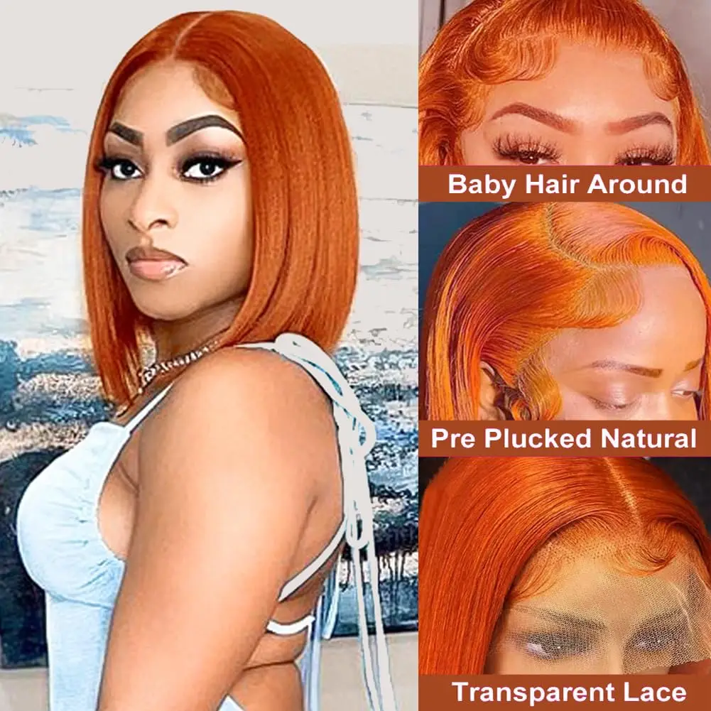 180% Density Ginger Bob Wig Human Hair 10 Inch 14x4 13x6 13x4 13x5 Straight Ginger Orange Lace Front Wig Human Hair Pre Plucked