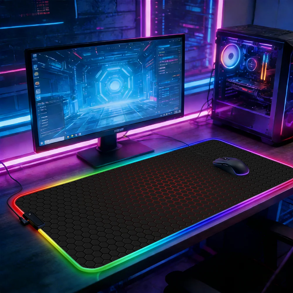 

LED Lighting RGB Mouse Pad E-sports Game Keyboard Pad Geometric Hexagon Mousepad Gamer Deskmat Laptop Accessories Mats Anime Pc