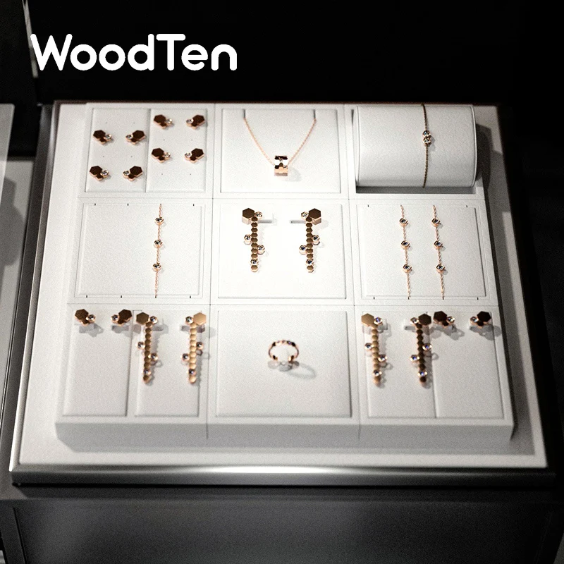 

WoodTen High end Jewelry Display Prop White Leather Earring Necklace Bracelet Watch Jewelry Display Stand Ring Jewelry Organizer