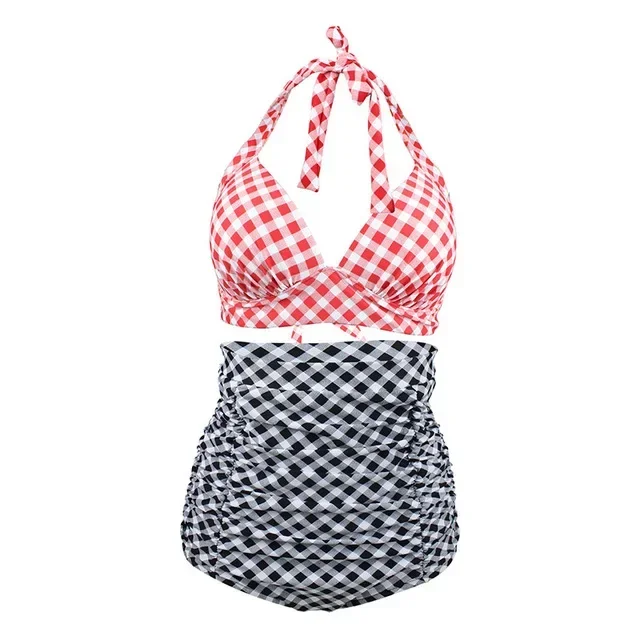 Plus Size Women Halter Top Bikini Set High Waist Push Up Swimsuit Plaid Vintage Sexy Beach Bathing Suit Swim Wear Retro XXL XXXL