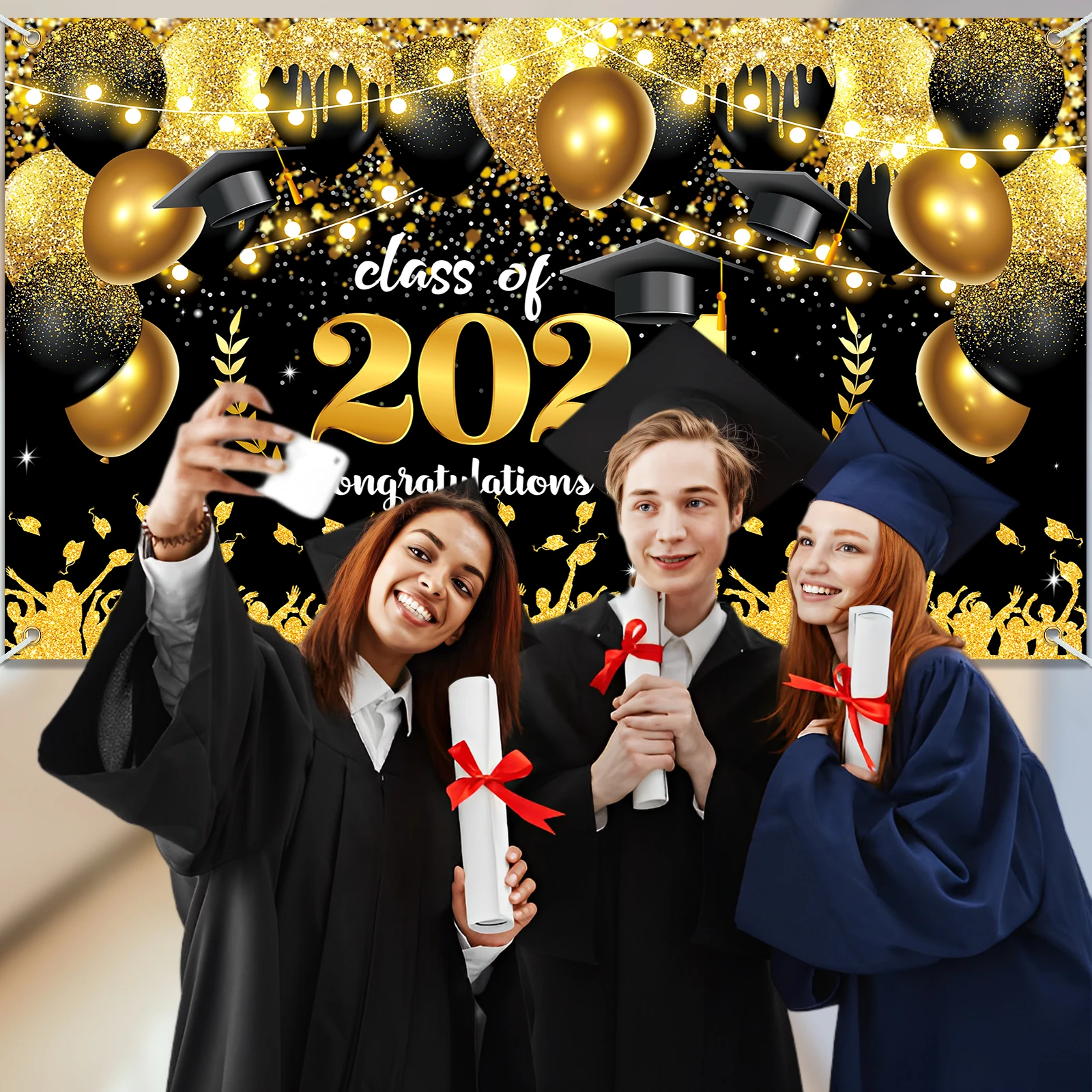 Class 2024 for Congrats Grad Banner Backdrop Decor Set for Graduation Party Supplies Black and Gold Graduation Banner.