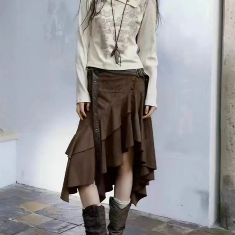 Vintage Suede Midi Skirt Women - Punk Style Irregular Belt Design Slim Fit Autumn Skirt, Edgy Fashion Bottom