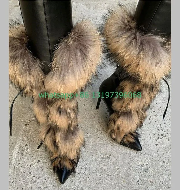 Lady fur lace-up feather calf boots vintage brown color dress boots stiletto heel punk winter lace-up boots size 35-46 footwear