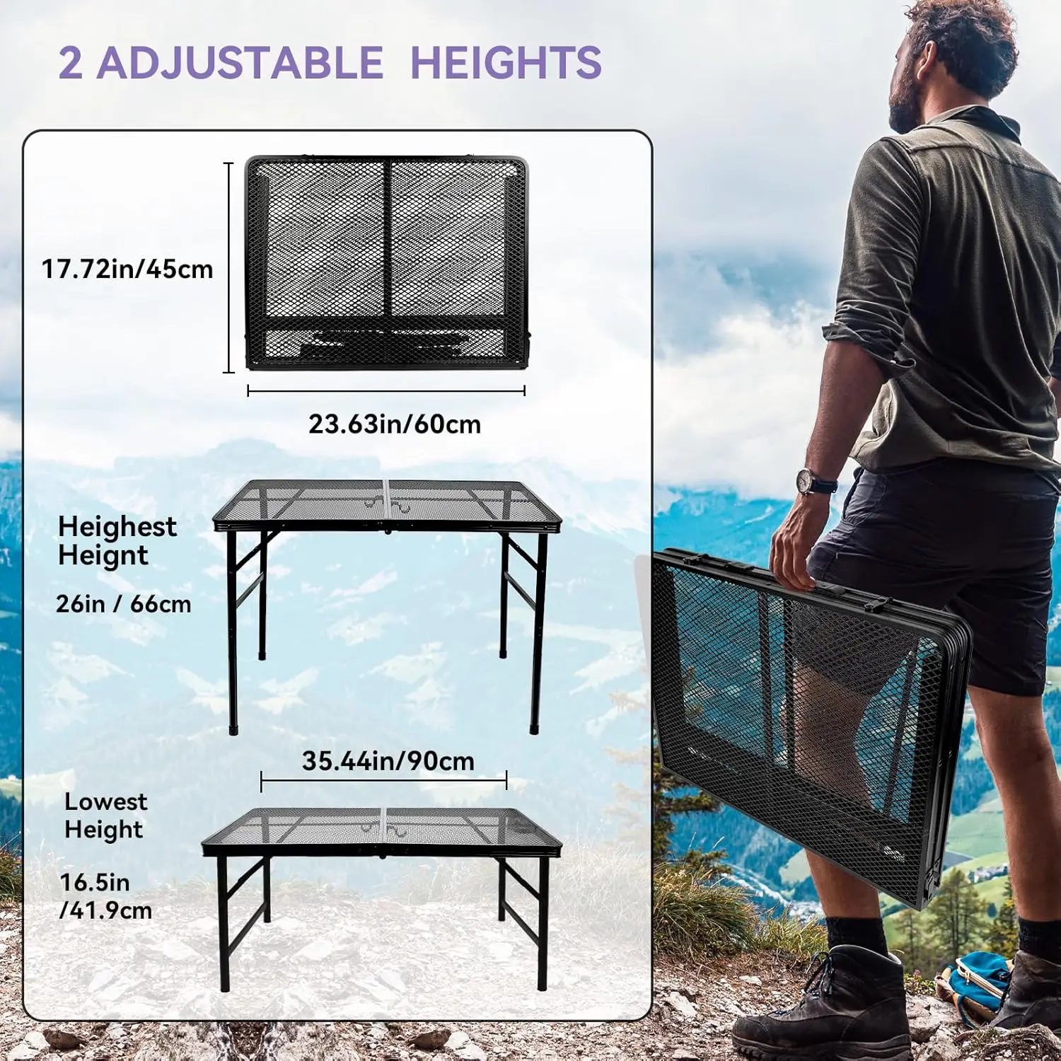 3x2 FT Folding Grill Table Camping Table, Metal Portable Picnic Table, Lightweight Height Adjustable Foldable Table for Outdoor