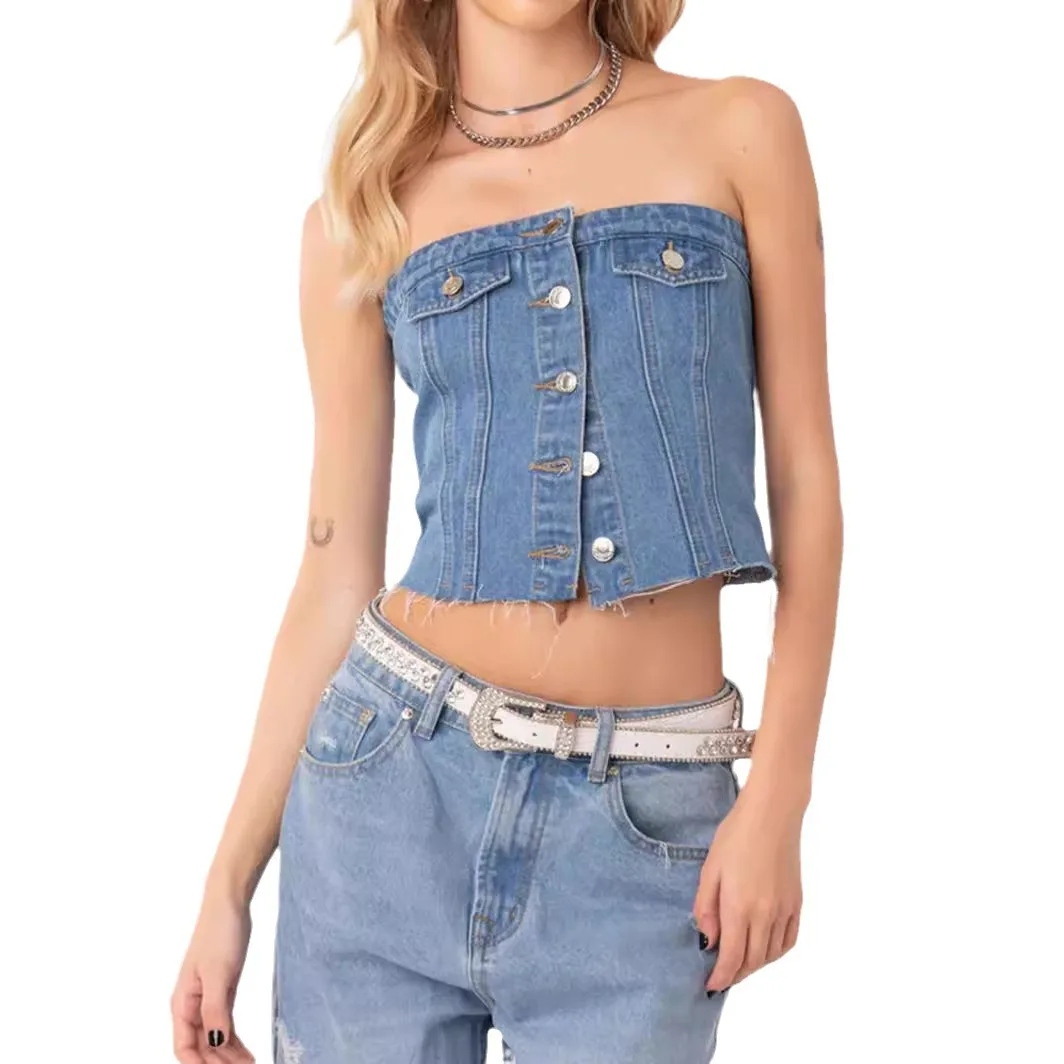 

European And American Sexy Slim Waist Denim Tanks Top Woman Summer Short Vest For Women