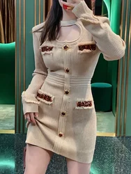 Fashion 2025 Spring Autumn Hollow Out Long Full Sleeve Knitted Dress Women Bandage Pencil Short Sweater Dresses Lady