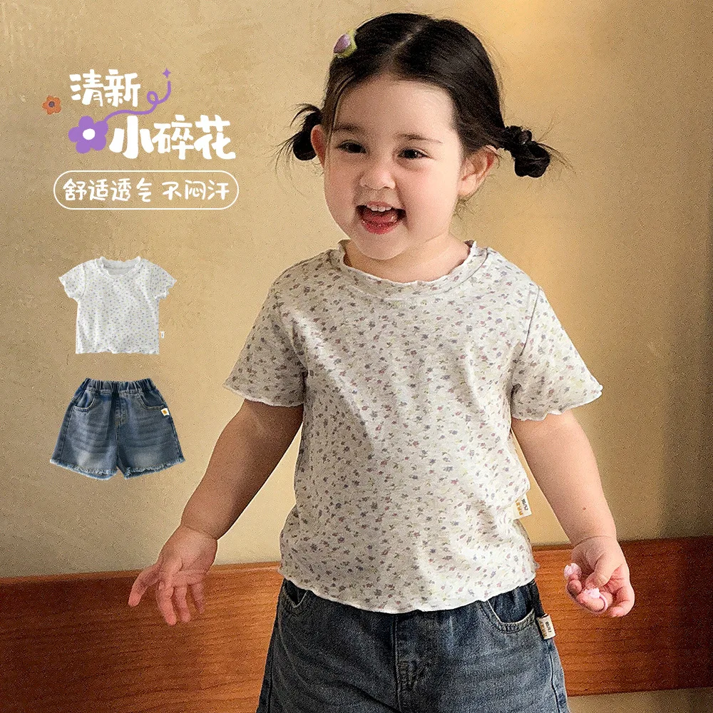 

Новая летняя футболка для девочек 2026 года с цветочным принтом, вязаная, с коротким рукавом, мягкая, дышащая, повседневная, для малышей, для прогулок на улице, 0-4 года