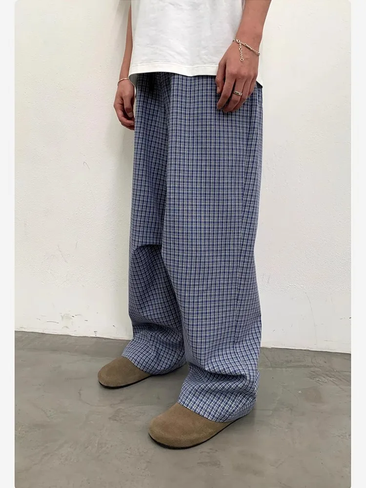 

Blue Plaid Extended Casual Pants Men Summer Thin Lazy Sle Drapey Long Wide Leg Loose Slim Straight Tube Pants