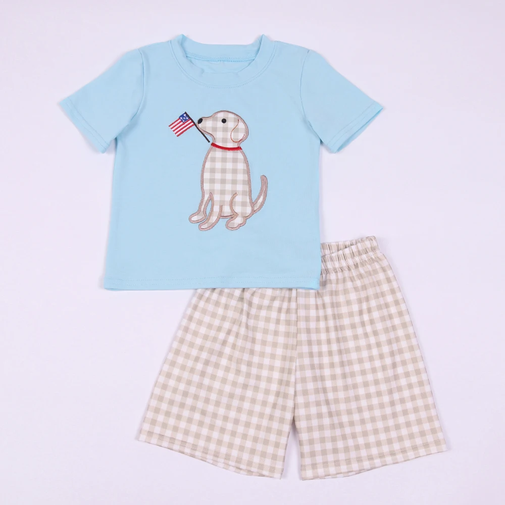 

Independence Day 1-8T Outfits Baby Boy Clothes Set Puupy Embroidery Bodysuit Toddler Sleeve Babi July 4th T-shirt Lattice Shorts