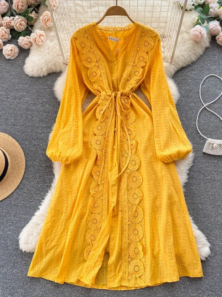 Spring Autumn Women's Vintage Long Sleeve Dress Solid Color flower French  Lace Up Waist Single Breasted Long Dress GD816 - AliExpress 200000345
