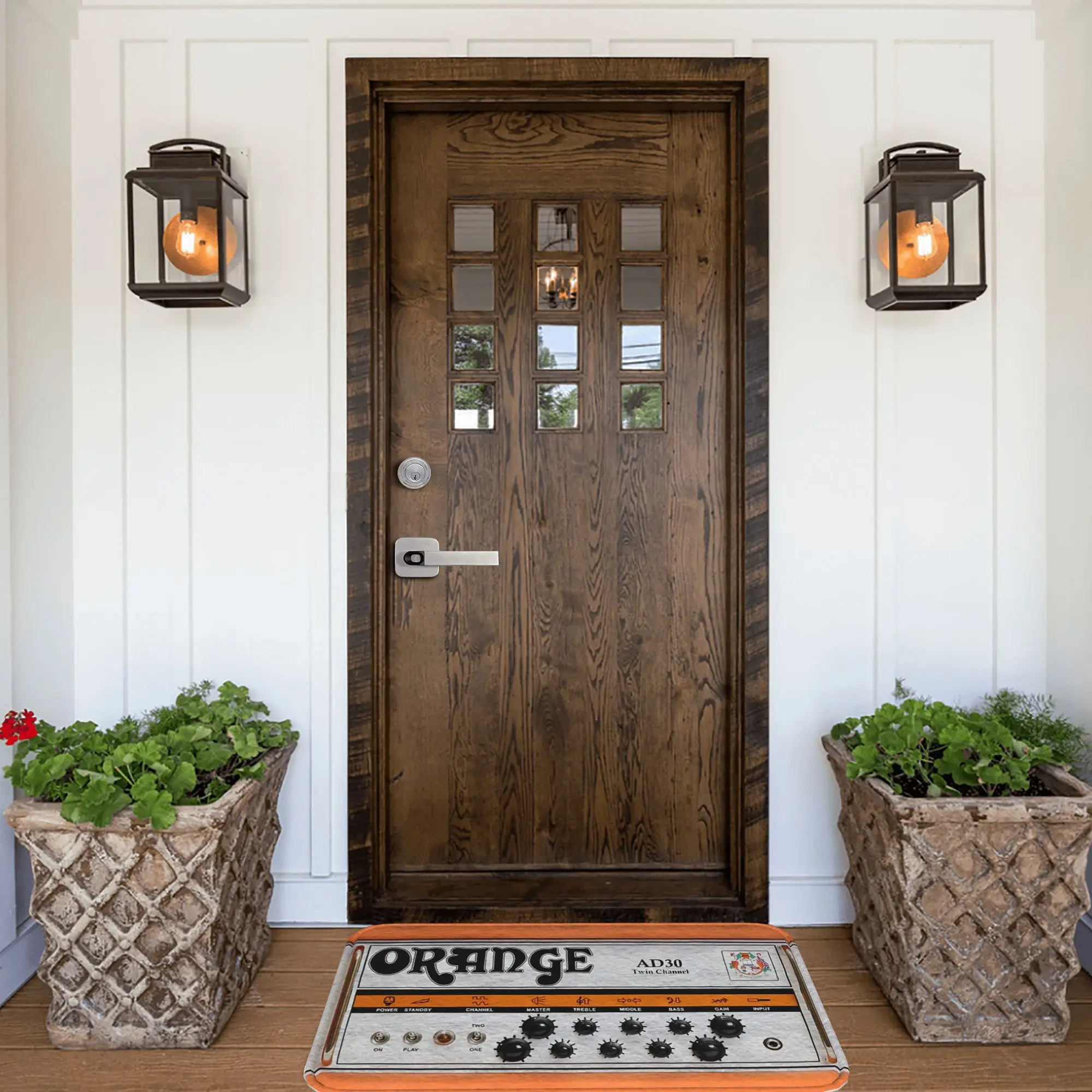 1pc Flannel Doormat, Outdoor Indoor Door Mat Souvenir and Holiday Gift, 1pc Orange Guitar Amp Design Mat - Vibrant Music Theme