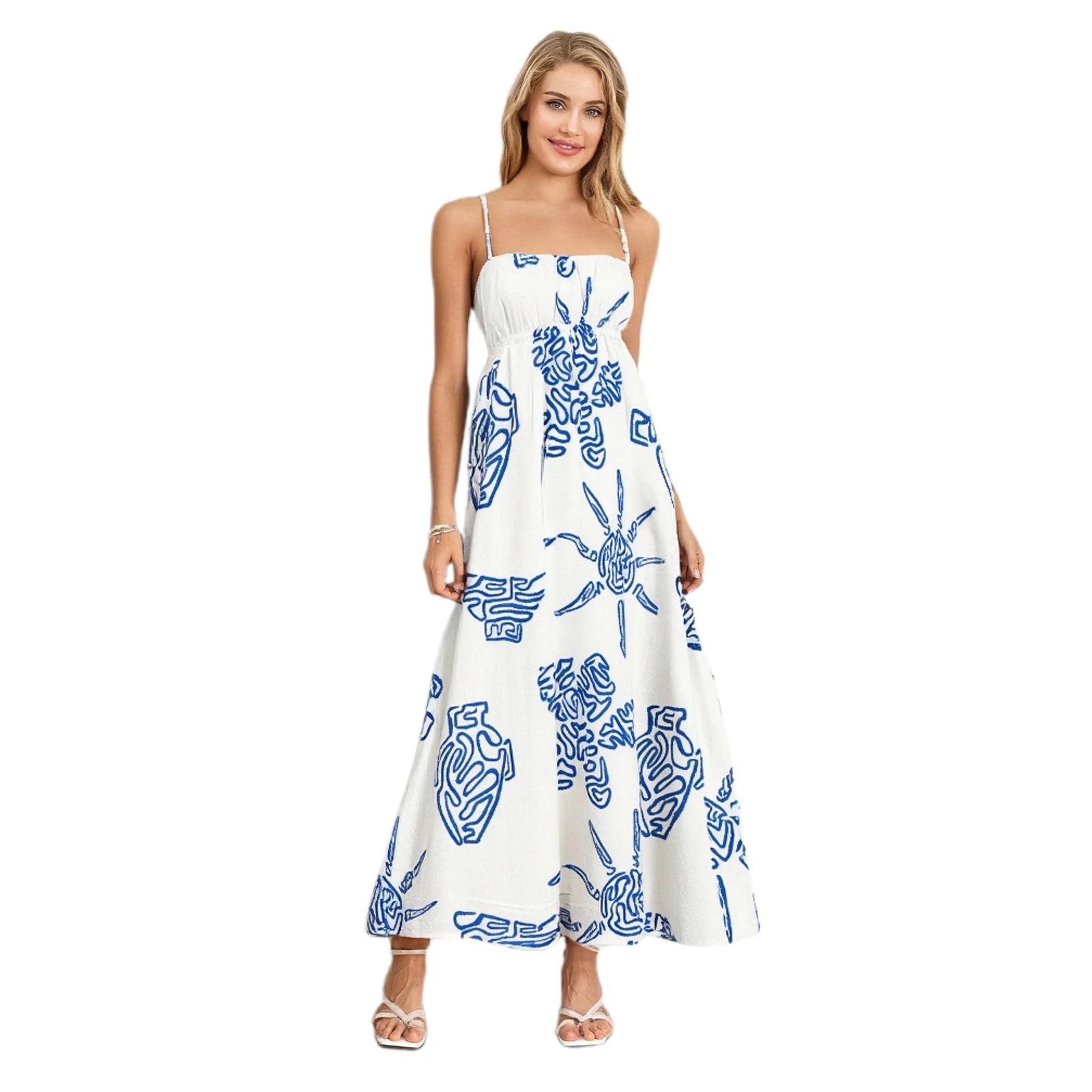 

Women Long Cami Dress Fashion Print Spaghetti Strap Loose Maternity Dress for Summer