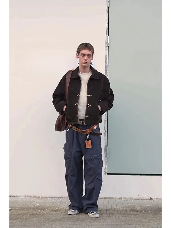 

Retro Brown ort Jaet Men's Vintage Patchwork Airplane Bule Jaet Autumn Cool Top Youth Loose Fit Long Sve Workwear