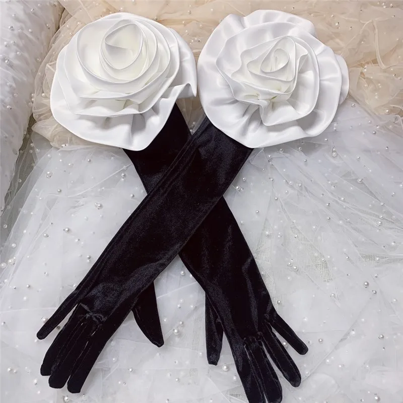 Women\'s Elegant White Flower Long Black Velvet Glove Female Spring Autumn Vintage Driving Photograph Performance Glove R1690