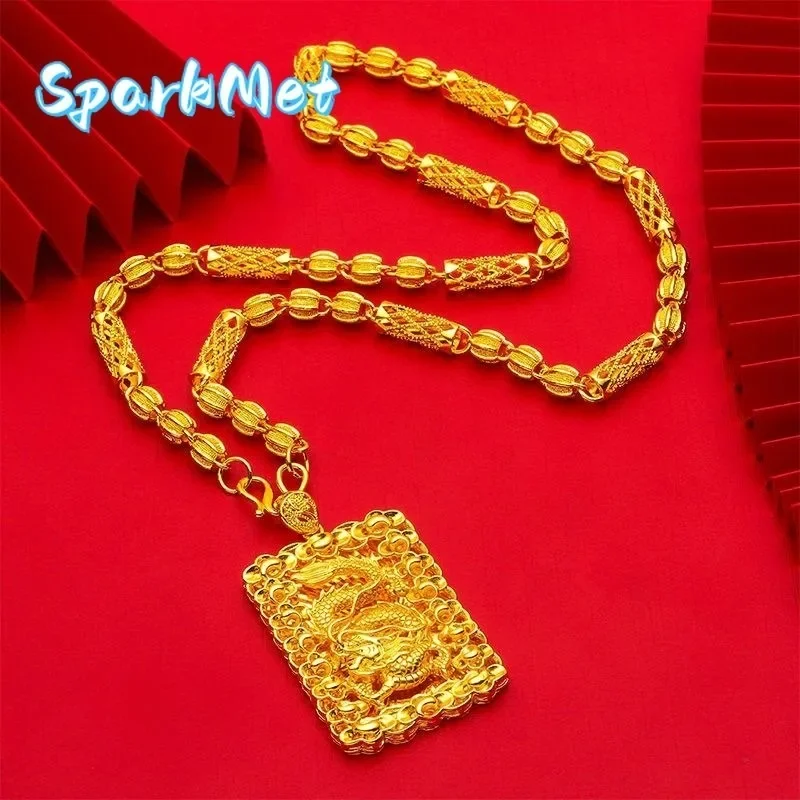 

Sparkmet Men's 9999 24K Real Gold Dragon Brand Necklace Pendant Bamboo Cloth Pattern Dragon Necklace Domineering Guanyin Guan Go