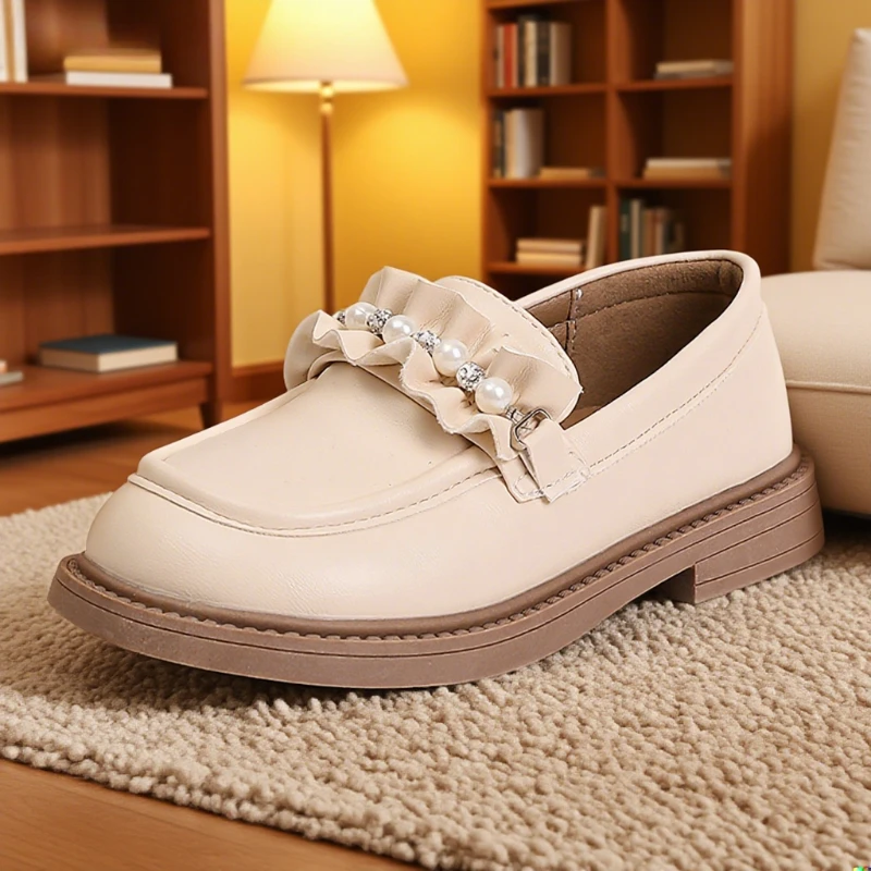 

Girls Leather Shoes 3-18 Years Old Beige Pearl Girls Performance Shoes Four Seasons Black Soft Non-slip Children's Loafers