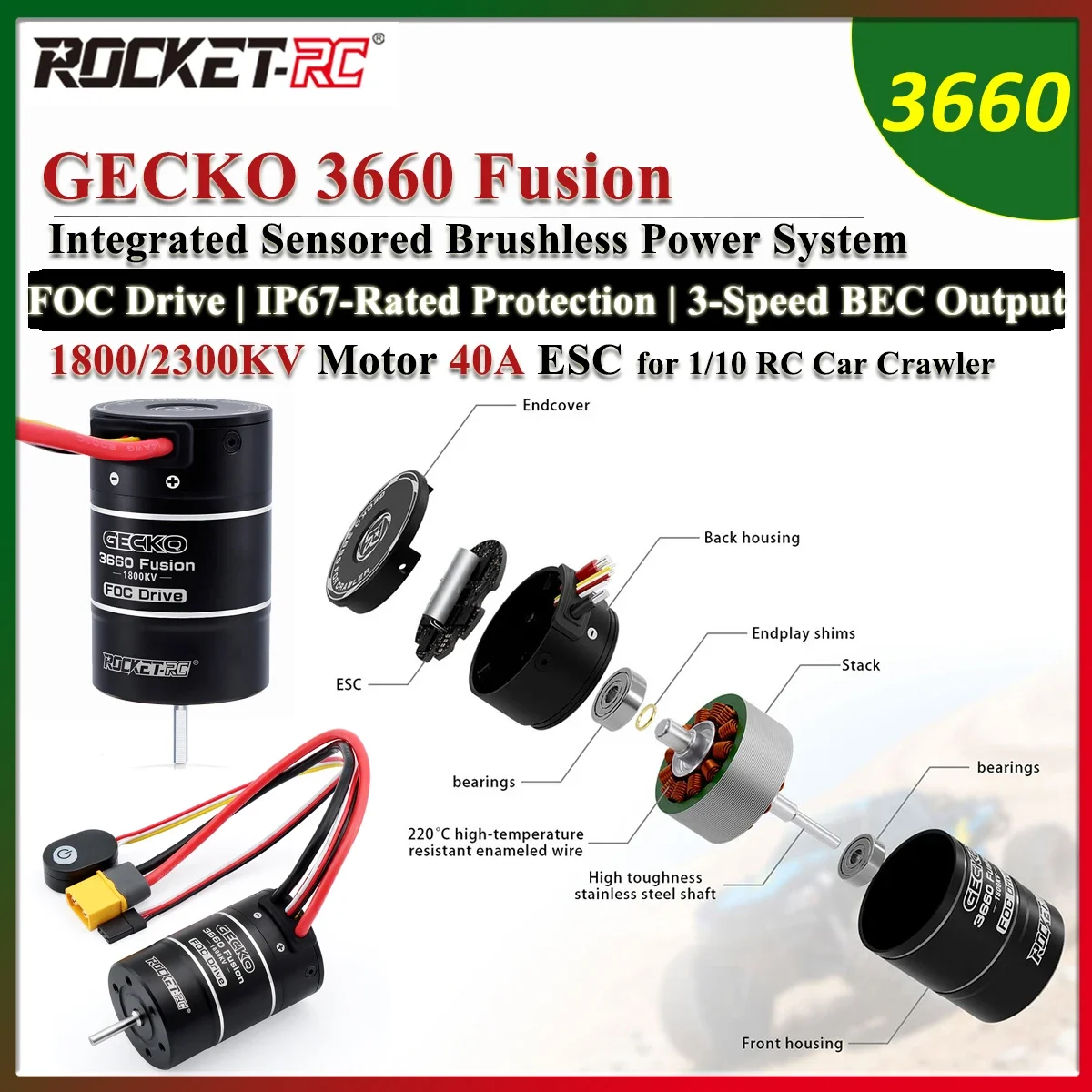 ROCKET-RC GECKO 3660 Fusion 1800/2300KV Motor 40A ESC FOC Drive Integrated Sensored Brushless Power System IP67 for 1/10 RC Cars