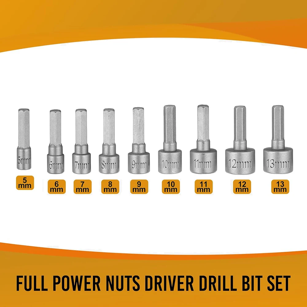 9Pcs Power Nuts Driver Drill Bit Tools Set 1/4\'\' Driver Hex Shank Keys Metric Socket Wrench Screw Impact Driver Bit Set for Po