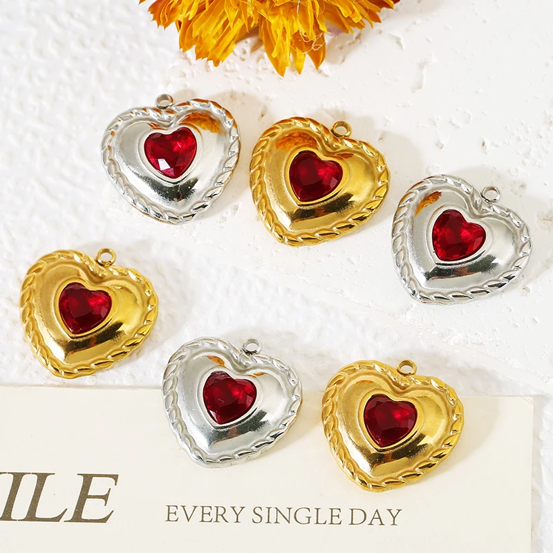 

5pcs Stainless Steel Red Zircon Heart Charms Twist Rope Edge Love Heart Pendant for DIY Earring Necklace Jewelry Making Supplies