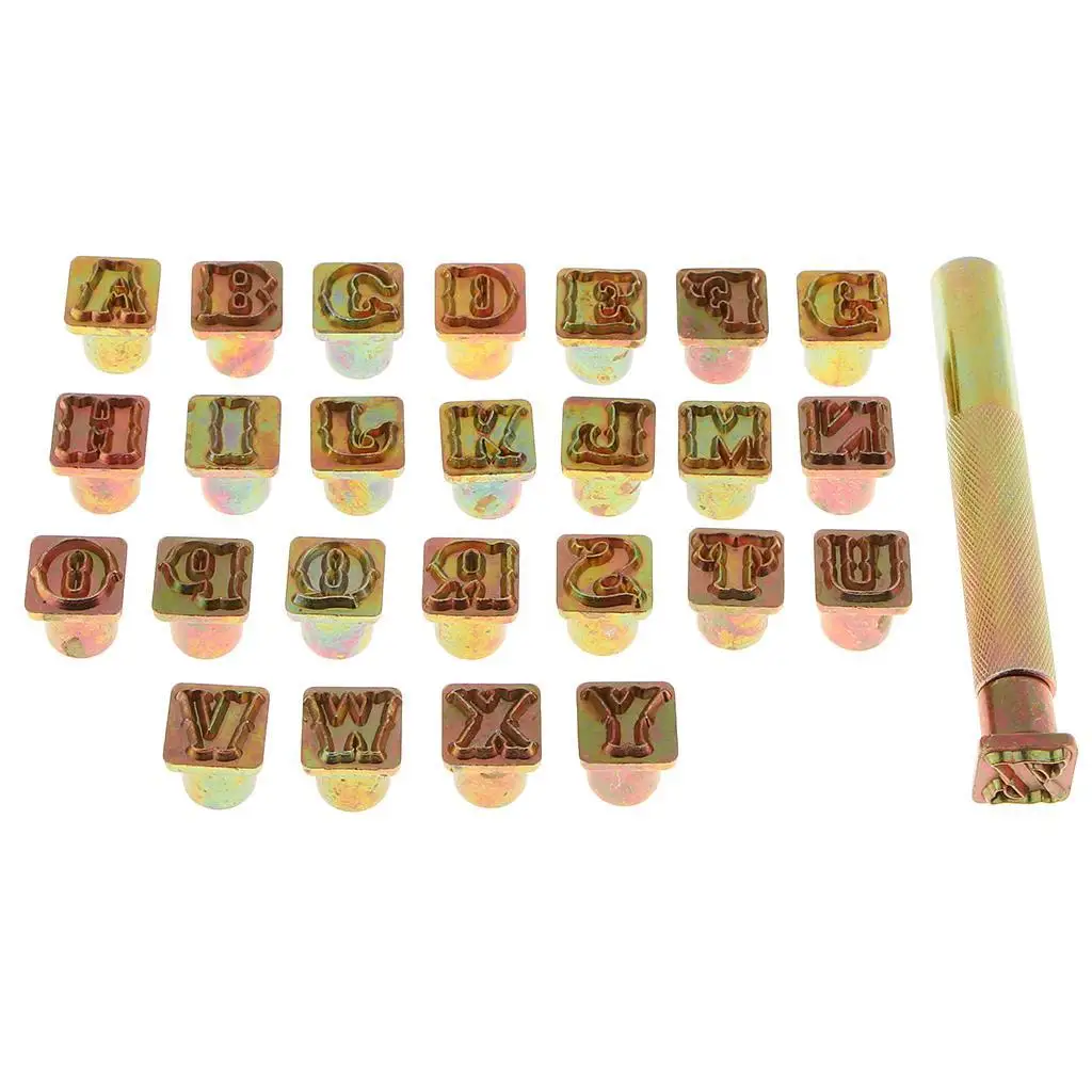 ハンドルセット付きレザークラフトスタンプアルファベットパンチツール、26個の文字