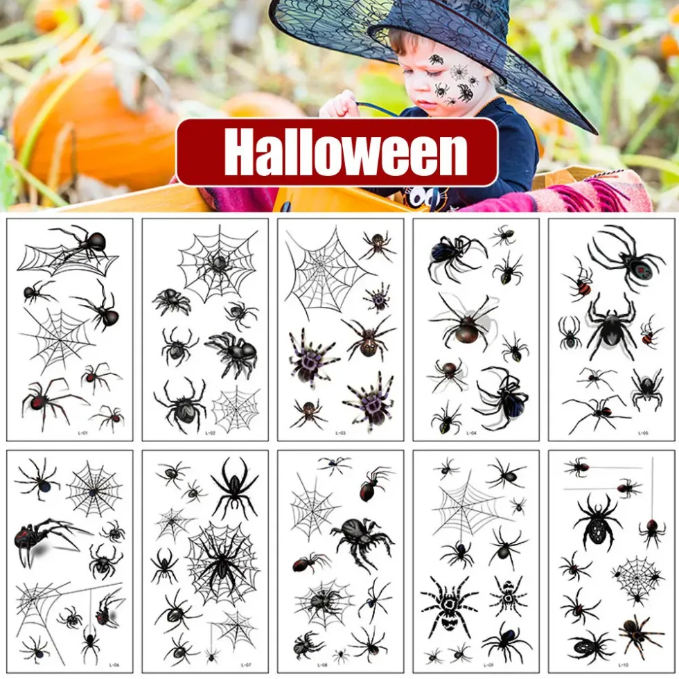 10Sheets Halloween Holiday Face Makeup and Terror Spider Styling Design Fake Temporary Waterproof Tattoo Sticker Party Decor