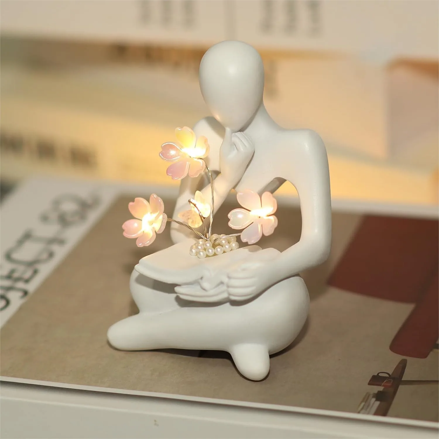 

Battery Powered Reading Statue Night Light With Cherry Blossom And Butterfly, Modern Abstract Bookshelf Decor For Living Room Office Desk, Aesthetic Gift For Book Lovers