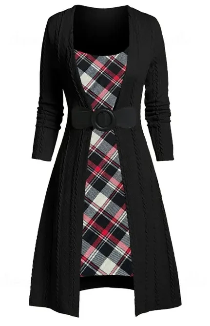 Women's Shirt Skirt New 2023 Hot Selling Fashion Patchwork Twisted Flower Pit Knitted Dress Knee Length Long Sleeve